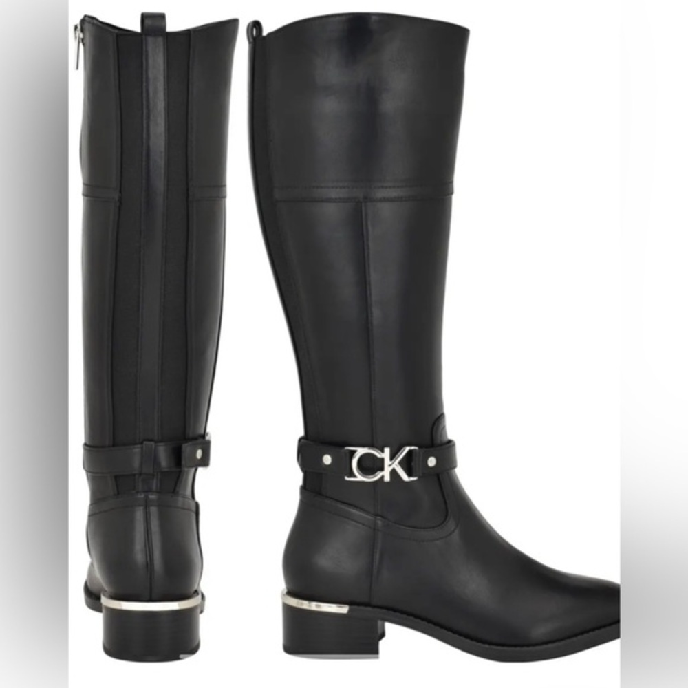 Calvin Klein Women's Daphny Black Knee High buckle logo Boots size 10 brand new